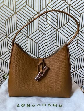 Small Longchamp Brown Leather Shoulder Bag with Silver Accent